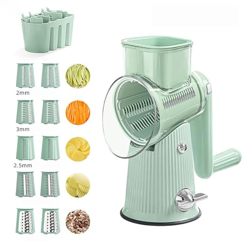 5 in 1 Rotary Cheese Grater Vegetable Slicer, 5 in 1 Gourmet Cheese Grater, Kitchen Hand Crank Cheese Grater with Handle, Easy to Clean Kitchen Gadgets with Storage Box,Green
