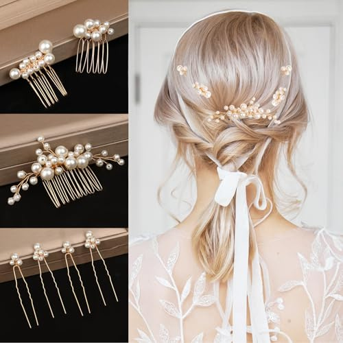 7pcs Bride Wedding Pearl Hair Comb,Gold Bridal Flower Side Hair Clips,Headpiece Accessories for Women,Brides,Bridesmaid(5 Styles)
