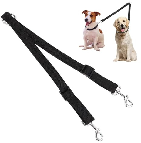Double Dog Lead For Walking 2 Dogs No Tangle 360°Swivel Rotation Two 2 Splitter, Adjustable Pet Trainer Leads, Durable Nylon Double Lead For 2 Dogs, Training Dog Lead Coupler (Black)