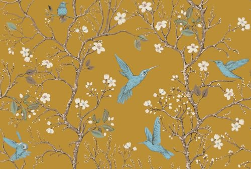 ReWallpaper Carta Adesiva per Mobili Vintage Giallo Carta Da Parati Floreale Uccelli 44.5CMx3M Rotolo Adesivo per Armadio Porte Giallo e Blu Carte Parati Camera Da Letto Floreale Rimovibile