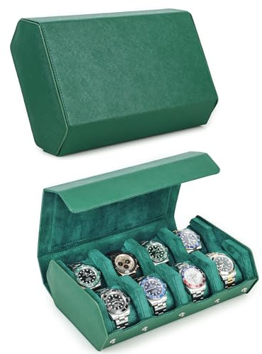 Hiram Hexagon Watch box Genuine Saffiano Leather Watch Case for 8 Watches, Leather 8-Slot Watches Protective Storage Case Watch Display Organizer for Men (Green)