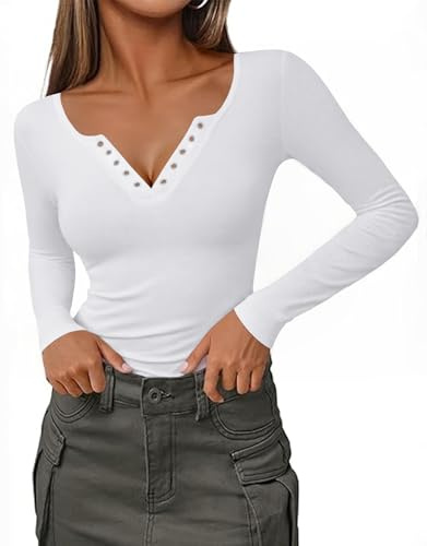 Totatuit Maglietta a Maniche Lunghe Donna Cotone Scollo a V con Occhielli Maglia a Coste Top Basic Elasticizzato Sexy Elegante Slim Fit Camicetta per Primavera Autunno Quotidiano Ufficio Festa