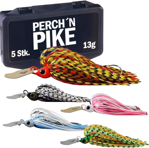 PERCH`N PIKE Lot de 5 leurres Chatterbait avec boîte, leurres artificiels 7g/13g/21g pour la pêche au lancer sur brochet, perche et sandre, kit d'appâts pour brochet incluant boîte pour pêcheur de