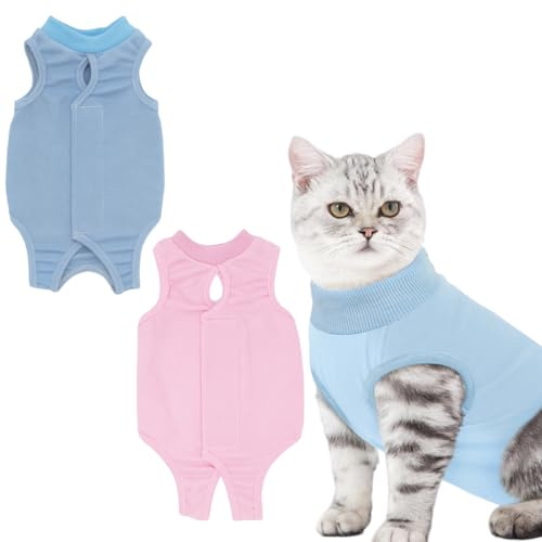 Lot de 2 Combinaison de Récupération de Chat, Body Post-Chirurgie pour Chaton, Gilet de Récupération Anti Léchage pour Chats Chiens, Restauration Convient Plaies Abdominales Maladies (Bleu, Rose, M)