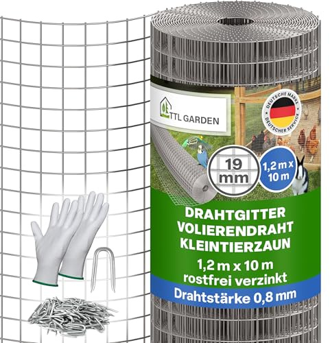 TTL GARDEN 1 x 10 m rete metallica a maglia grande zincata antiruggine 19 mm maglia 0,80 mm spessore filo – su rotolo rete metallica per voliera, rete per topi arvicole 10 m x 1 m larghezza 19 mm