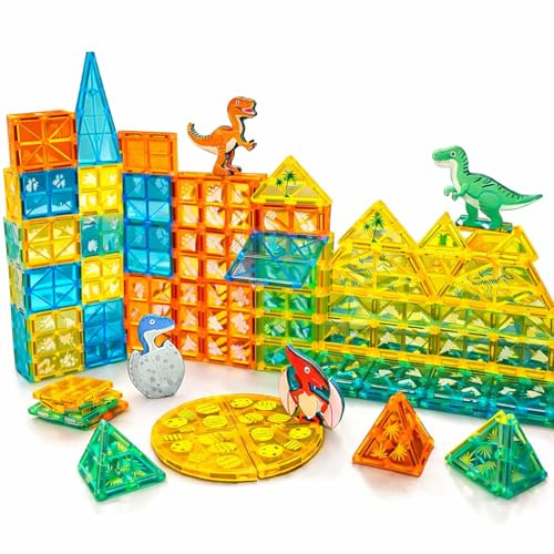 Wonder Toys Costruzioni Magnetiche Blocchi Magnetici per Bambini Educativi Calamite Montessori Costruzioni per Bambini 3 4 5 6 7 8 anni (Set costruzione mondo dinosauri 63 pezzi)