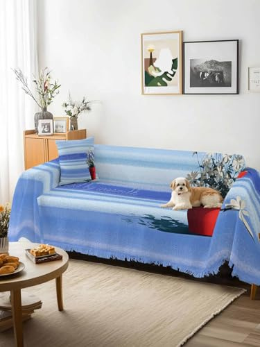 Blue Ombre Striped Daisy Sofa Cover Blanket Couch Covers for Armchair Cushion,Couch Sofa Silpcover with Tassel,Vintage Flowers Abstract Art Living Room Bedroom Throw Towel Blanket Covers XX-L 71x150