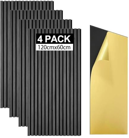 Akustikpaneele Wandpaneele Holz 2,88㎡-4er Set 120x60cm Selbstklebend 3D Wandpaneele holz Holzpaneele wand als Schallschutzplatten,Wandverkleidung Holzoptik(Selbstklebend-Ebony)