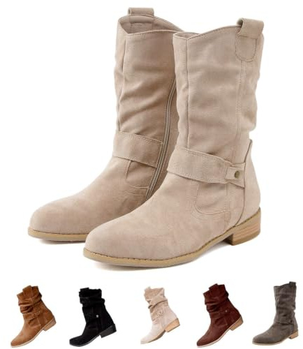 Kvinnor Slouch Mid Calf Flat Boots Casual Spetsiga Stövel Med Sidodragkedja | Låg Tjock Klackstövel Med Dragkedja På Sidan Dam Casual Stövlar I Konstmocka Med Rund Tå