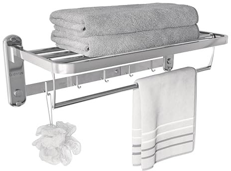 Eridanus Bathroom Towel Rack with 5 Towel Hooks, Wall-Mounted Stainless Steel Foldable Towel Rail with Double Towel Shelf, Hotel Style Shower Shelf Organizer, Chrome - 60 cm Long