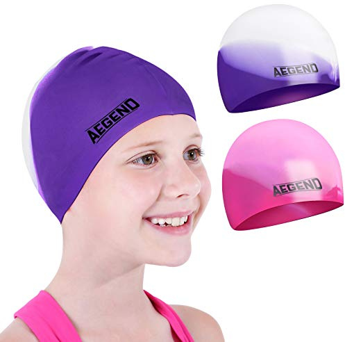 Aegend 2 Pack Kids Swim Cap for Girls Boys Age 3-8, Waterproof Swim Cap Durable Silicone Kids Swimming Cap for Long Hair, Purple & Pink