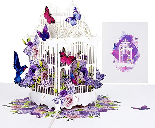 LIMAH® Pop-Up 3D Grußkarte/Muttertag-Karte, Geburtstag-Karte, Dankeskarte Geschenkkarte, Kunst-Karte, Vogel-Karte/Voliere mit Kolibri Motiv/in Weiß Lila/Groß