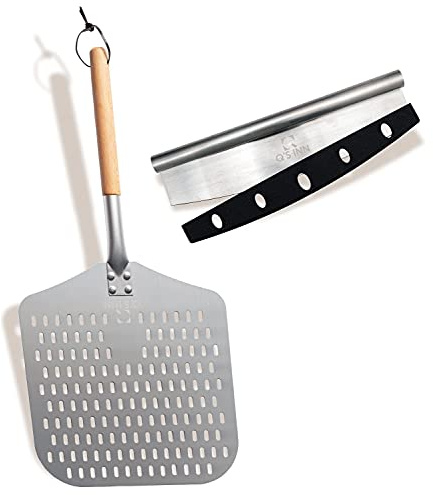 Perforated Pizza Peel, Professional 12 x 14 Inch Paddle Anodized Aluminum Turning Peel with detachable wood handle for Home Made Pizza By Q's INN.