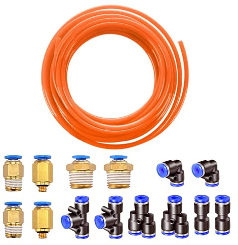 HUAZIZ 10 meter PU pneumatisk slang pneumatisk polyuretanslang flexibel tryckluftsslang utomhus 8 mm x insida 5 mm orange, med pneumatisk kontakt Air Push-snabbkopplingar (Y /T/L/I formad)