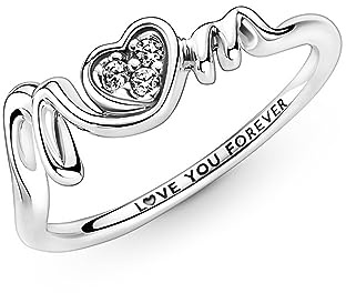 PANDORA Anello Moments a forma di cuore con pavé e scritta Mom in argento Sterling con zirconia cubica trasparente, 52