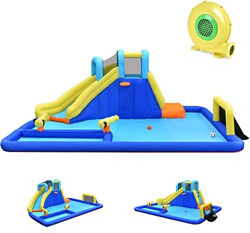 COSTWAY Castello Gonfiabile Per Bambini, Con Scivoli, Muro da Arrampicata e Piscina, Per 3 Bambini 3-10 Anni, Con Borsa di Trasporto e Kit Riparazione (Con soffiatore)