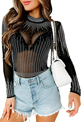 NBBNYJ Body donna elegante a maniche lunghe bodysuit sexy nero Strass aderente top Maglia trasparente elasticizzato girocollo leotard lingerie Nero-8 L