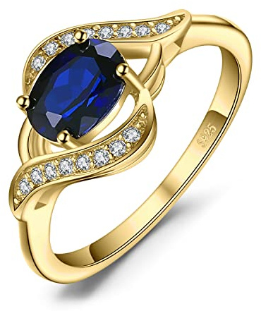 JewelryPalace Ovale Bague Solitaire Saphi Bleu Synthetique en Sterling Argent 925 Pour Femme, Plaqué Or Jaune Bagues Pierre Femme Zircone Cubique, Ensemble Parure de Bijoux Cadeau d'Anniversaire