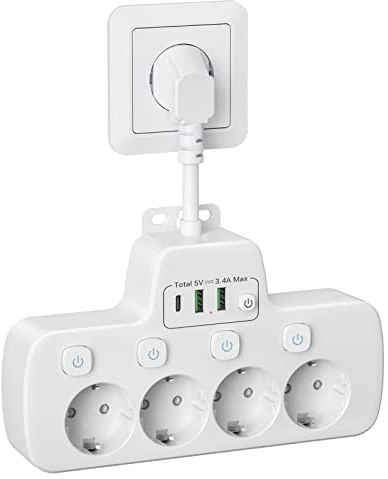 Regletas Enchufes con Interruptor,Ladron Enchufes USB C Adaptador Enchufe Multiple con 4 Tomas y 3 Carga Rápida USB,4 Interruptor Independiente alargador Enchufe Pared 0.1m Cable Corto,Blanco