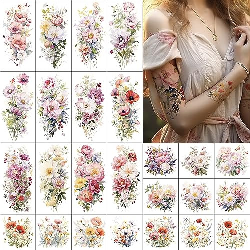 Everjoy Flower Temporary Tattoo Sleeve Sheets, 12 Large Watercolor Floral Tattoo Stickers, 13 Small Fake Flower Designs for Women and Girls