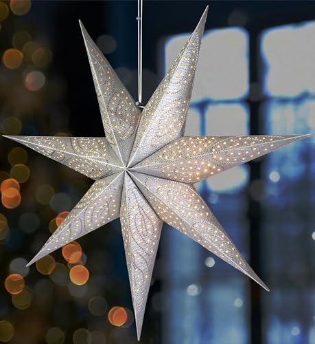 BRUBAKER Estrella de Navidad de Papel 60 cm - Decoración Colgante 3D Con Casquillo E14 - Luz de Adviento Para Ventana - 3,5 m de Cable - Plateada
