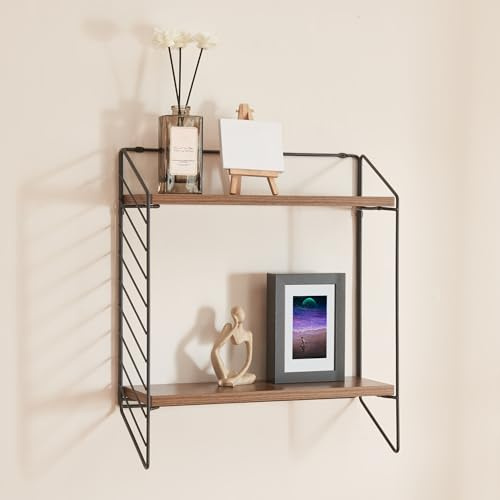 [en.casa] Vägghylla Bømlo vardagsrumshylla med 2 hyllor svävande hylla metallram hängande hylla vägghylla 47,5 x 42 x 14 cm svart valnöt utseende