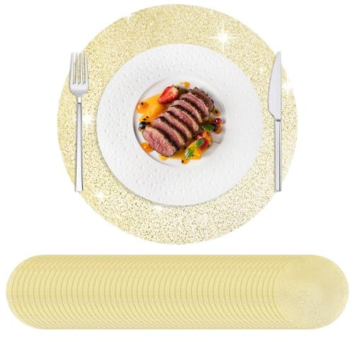 Hysenm Set di 50 tovagliette usa e getta dorate, ultrasottile 33 cm rotonde in rete pressata, tovagliette usa e getta per la decorazione della casa, tavolo da pranzo, matrimoni, feste di compleanno