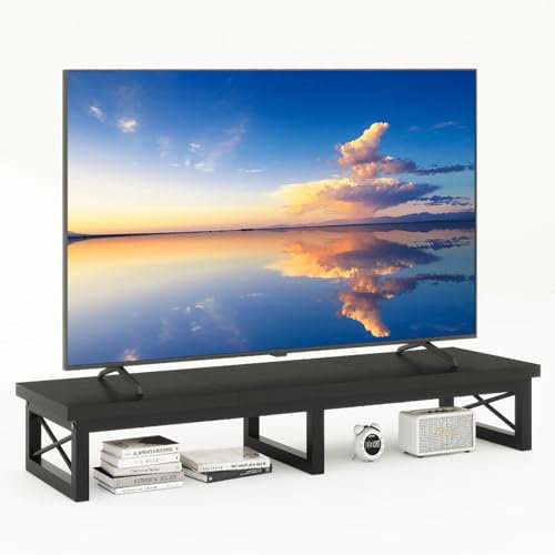 IBUYKE Mueble de TV para 32-60 TV,Mesa Televisión Estrecha con 2 balda,Doble Pantalla de Escritorio de Oficina,Mueble de TV para Hogar,Dormitorio,Sala de Estar,Negro TVT002B