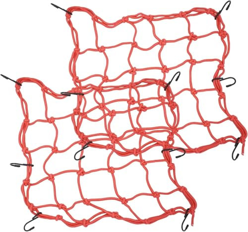 (Rouge) Lot de 2 Filets de Cargaison pour Moto de 40 x 40 cm avec 6 Crochets réglables - Filet élastique Robuste pour Casque de Moto - Cordon élastique - Filet de Rangement