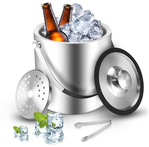 Sprifityy 3,2L Secchiello per Ghiaccio a Doppia Parete in Acciaio Inox,con Coperchio in Silicone, pinze e Filtro,Secchiello Ghiaccio Acciaio Inox,Ideale per Famiglie e Bar