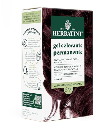 Herbatint Gel Colorante Permanente per Capelli 5M Castano Chiaro Mogano - 170 ml | Senza Ammoniaca, 100% Copertura Capelli Bianchi | per Pelli Sensibili, con 8 Estratti Naturali Bio