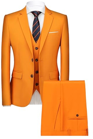 Ensemble de Costume 3 Pièces Coupe Slim Régulière pour Hommes Pantalon Gilet Blazer d'affaires Solide à Deux Boutons Costumes de Mariage Décontractés pour Garçons d'honneur (Orange,M)