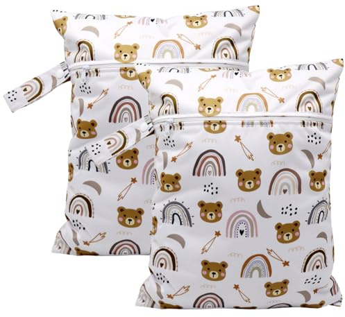 YNR Set di 2 borse per pannolini impermeabili, 30 x 40 cm, motivo: orsi e arcobaleno, colore: bianco, Bianco con tonalità marrone e pastello, Infantile Con Orsi E Arcobaleno