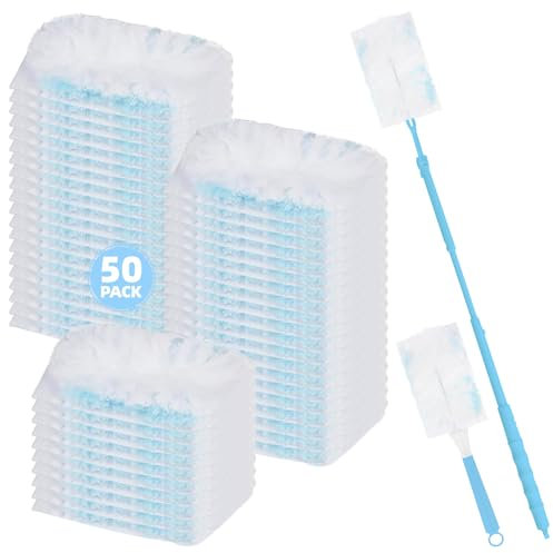 Nicemiya 52 Pièces Plumeau Poussiere Recharge Kitcompatibles Swiffer, Plumeau Magnétique Jetable pour Nettoyer Les Poils d'animaux, La Poussière et La Saleté (50 Chiffons + 2 Poignées, Bleu)