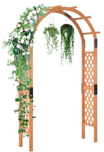 Giantex 7.7FT Wooden Garden Arbor Trellis, Outdoor Pergola Arch with Climbing Plant Support, Wood Wedding Arch for Ceremony, Pathway, Birthday Party, Garden Décor, Weather-Resistant, Easy Assembly