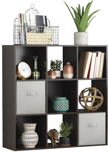 Whitmor 9 Cube Bookcase, 3 Tier Stackable MDF Bookself, Open Storage Display Organizer, Storage Cabinet for Living Room, Bedroom, Home, Office, 35.5 L x 11.7 W x 35.5 H, Espresso