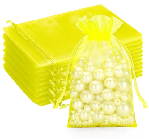 G2PLUS Lemon Yellow Organza Gift Pouches 10x15 cm: Medium Favor Bags | 50 PCS Wedding Jewelry Bags, Clear Mesh Pouches Perfect for Wedding, Christmas, Birthday, Anniversary