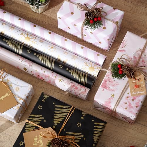 Juego de 4 rollos de papel de regalo navideño, rollo de papel de regalo dorado, papel de regalo para Navidad con etiquetas adhesivas y cordones de papel, 43 * 300 cm