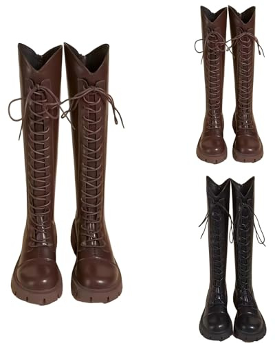 Stivali da equitazione alti al ginocchio per ragazze, in pelle, con lacci, punk, gotici, invernali, caldi, casual, alla moda, Y2K, hip hop, scarpe da ballo lunghe per Natale, festival, carnevale