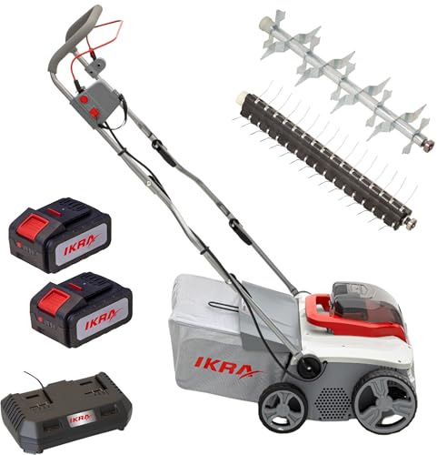 IKRA scarificatore arieggiatore senza cavo 3in1 IAVL 2-2040, cesto di raccolta 40 l, larghezza di lavoro 40 cm, incl. 2 batterie 20 V 4,0 Ah e caricatore rapido