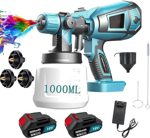 Akku Farbsprühsystem, Ersatz für Makita, Farbspritzgeräte mit 18V Akku, Zaun-Farbspritzpistole mit 2X 300mAh Akkus, 8m²-10 min, Elektro Lackierpistole mit 1000ML Behälter﻿﻿﻿