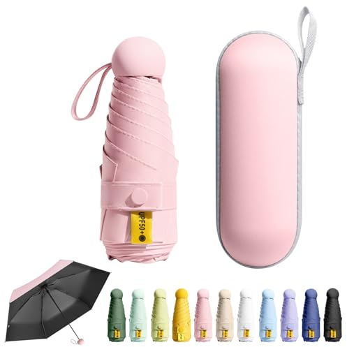 FESDMOH Mini Parapluie de poche, Parapluie Pliant, Ultra-léger, Compact, Parasol portable, Boîte à Parapluie Capsule, pour Hommes et Femmes (Rose)