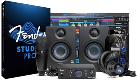 Fender Quantum Complete Bundle | Kit de estudio de grabación doméstico con interfaz de audio USB-C LT 2, monitores Eris 3.5, Fender Studio Pro, paquete de estudio para principiantes