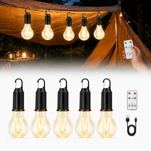 Rechargeable Camping Lights Remote Control,5 Pack Remote Camping Lanterns with 3 Brightness Levels and Timer,USB Waterproof Hanging Tent Lights,Portable Camping Lamps for Tents