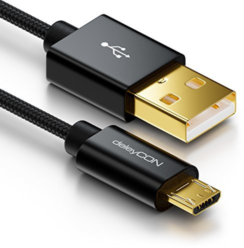 deleyCON Micro USB Kabel 0,5m Nylon + Metallstecker - Ladekabel Datenkabel Schnellladekabel - Smartphone Tablet PC Laptop Notebook - Schwarz