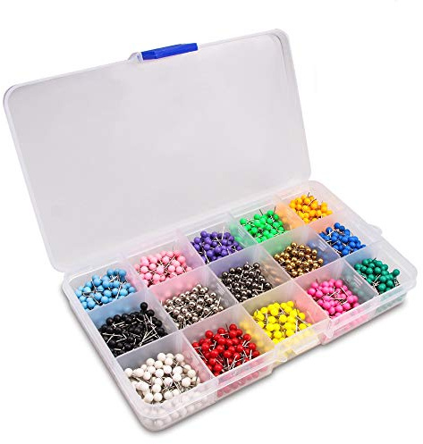 Yalis Push Pins Marking Map Tacks 1/8-Inch Plastic Beads Head, 15 Assorted Colors, 1500-count
