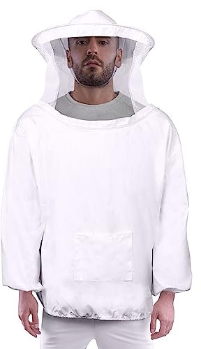 Flexzion Imkerjacke, Premium Imkeranzug Pullover Mantel Outfit mit schützender Schleierkittel Kapuze, für Anfänger & gewerbliche Imker, L Weiß