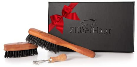 ZilberHaar Bartbürsten-Pflegeset für Männer - 1 Bartbürste + 1 Taschenbürste + 1 Bürstenreinigungswerkzeug - Weiche Wildschweinborsten und Birnbaumholz - Stoppeln und Kurze bis Mittellange Bärte