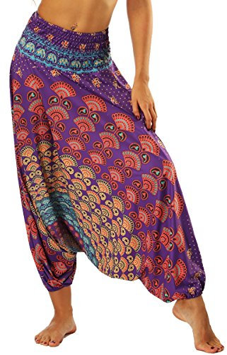 Nuofengkudu Damen Thai Hippie Pumphose Haremshose Aladinhose Gemustert Niedriger Schritt Leicht Luftig Yogahose Sommerhose Violett Fan B