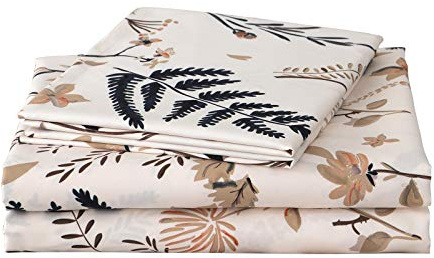 KOMFOR 4 Piece Bed Sheets Set Queen Floral Leaves Hotel Luxury Bedding Sheet - 1 Flat Sheet 1 Fitted Sheet 2 Pillowcases Double Brushed Microfiber Hypoallergenic Deep Fitted Sheet Set Beige